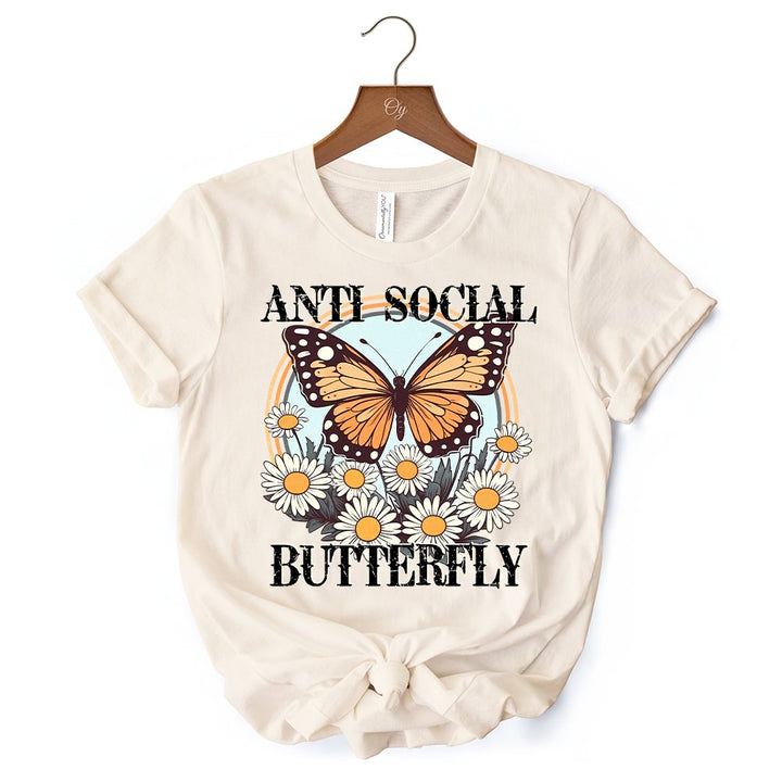 Anti Social Butterfly T-Shirt, Retro White and Natural Tee for Quirky and Independent Women T-Shirts OrnamentallyYou 