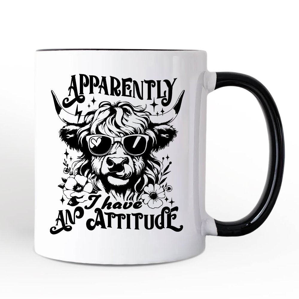 Apparently I Have an Attitude Highland Cow Valentine Personalized Mug, Sarcastic Western Funny Gift with Custom Name Personalized Ceramic Mug OrnamentallyYou Black Handle Non-Custom 