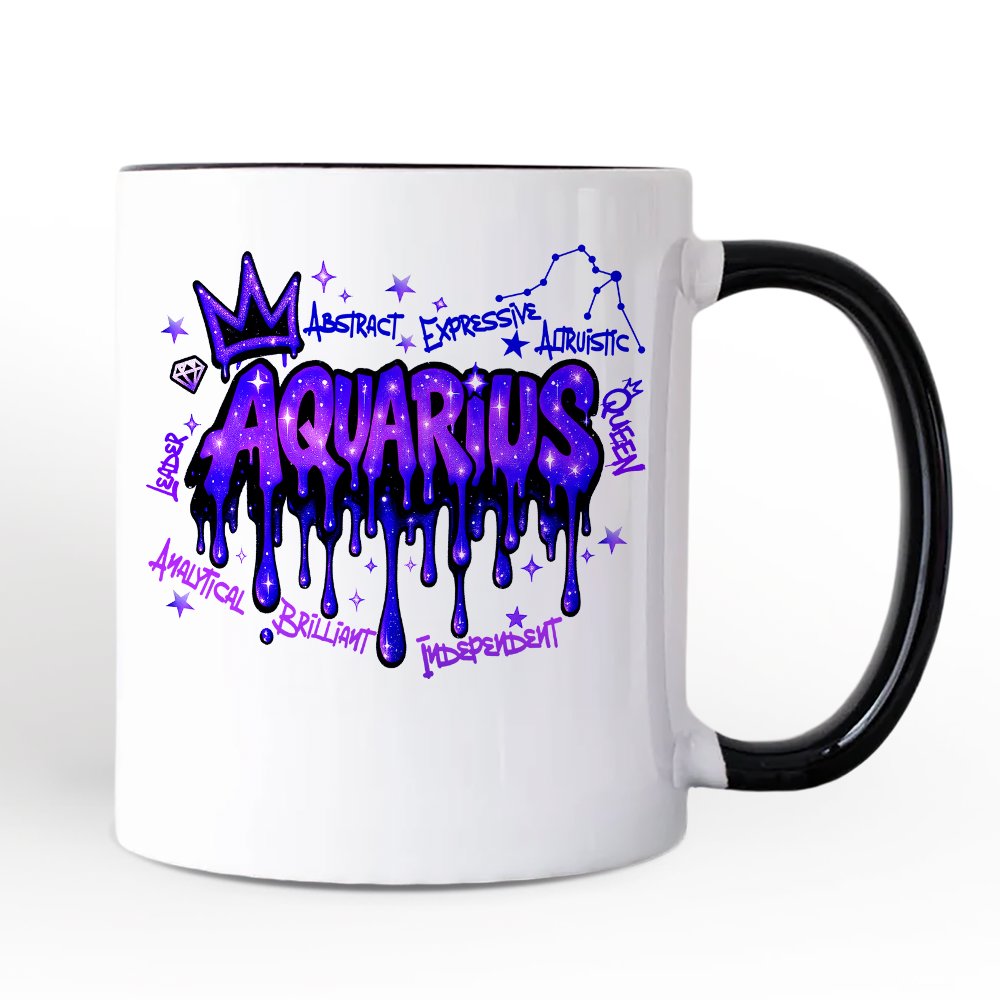 Aquarius Graffiti Zodiac Personalized Mug, Street Style Astrology Horoscope Gift with Custom Name Personalized Ceramic Mug OrnamentallyYou Black Handle Non-Custom 