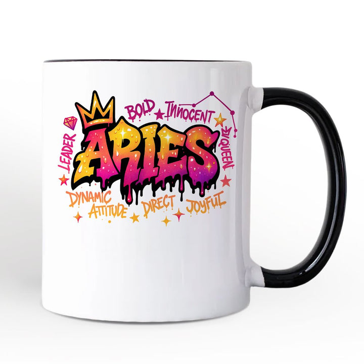 Aries Graffiti Zodiac Personalized Mug, Street Style Astrology Horoscope Gift with Custom Name Personalized Ceramic Mug OrnamentallyYou Black Handle Non-Custom 
