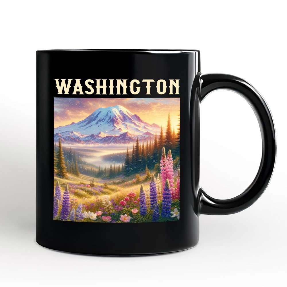 Artistic Mount Rainier Washington State Personalized Mug, National Park Gift and Pacific Northwest Souvenir with Custom Name Personalized Ceramic Mug OrnamentallyYou Black Non-Custom 