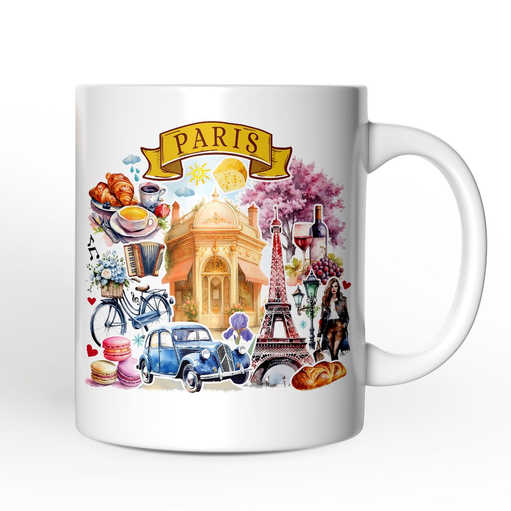 Artistic Paris Culture and Landmarks Personalized Mug, Classical France Gift and Souvenir with Custom Name Personalized Ceramic Mug OrnamentallyYou 