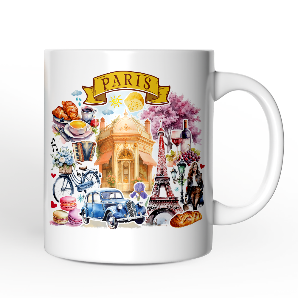 Artistic Paris Culture and Landmarks Personalized Mug, Classical France Gift and Souvenir with Custom Name