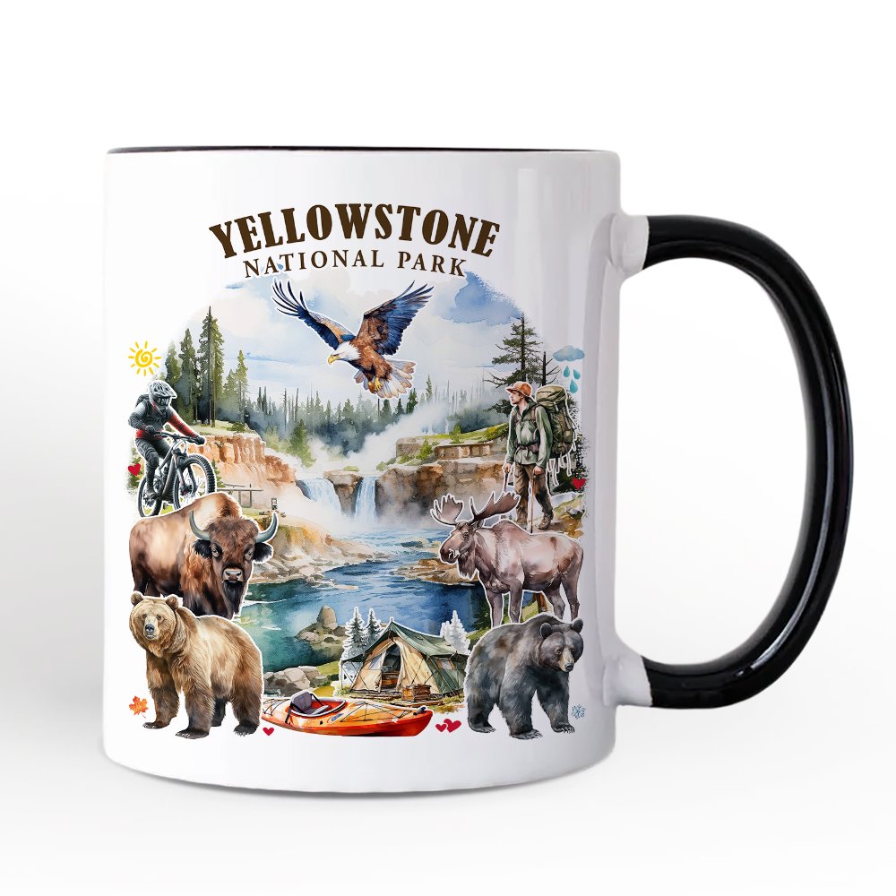 Artistically Vibrant Yellowstone National Park Personalized Mug, Wildlife and Nature Gift and Souvenir with Custom Name Personalized Ceramic Mug OrnamentallyYou White - Black Non-Custom 