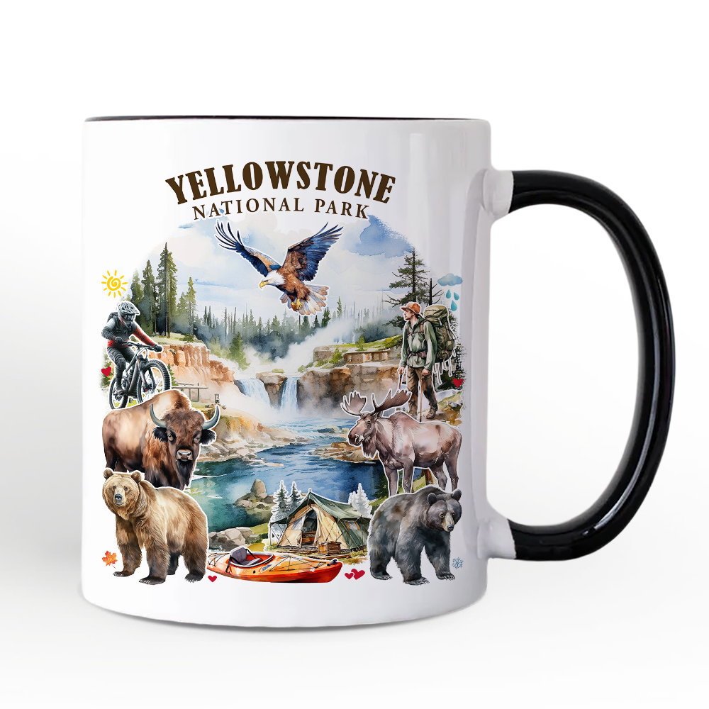 Artistically Vibrant Yellowstone National Park Personalized Mug, Wildlife and Nature Gift and Souvenir with Custom Name