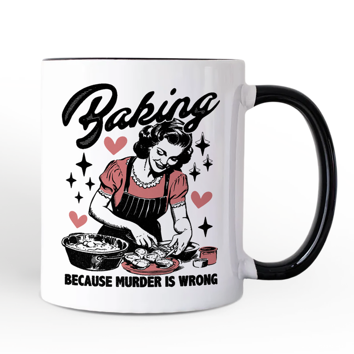 Baking Because Murder Is Wrong Anti-Valentine Personalized Mug, Funny Retro Kitchen Gift with Custom Name