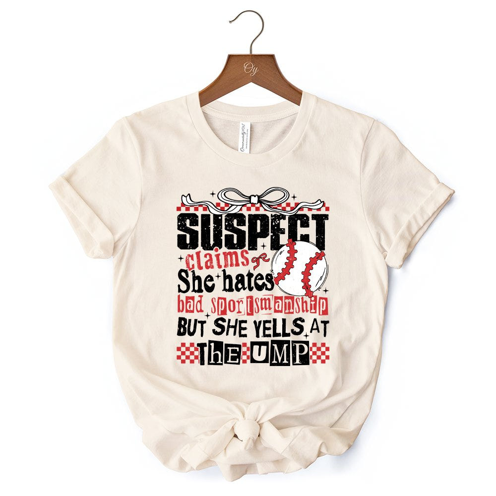 Baseball Suspect Claims Fun T-Shirt, Retro White and Natural Tee With Coquette Bow T-Shirts OrnamentallyYou 