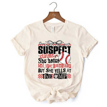 Baseball Suspect Claims Fun T-Shirt, Retro White and Natural Tee With Coquette Bow T-Shirts OrnamentallyYou 