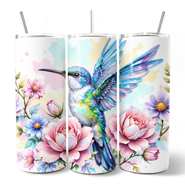 Beautiful Floral Hummingbird 20oz Personalized Tumbler With Lid and Stainless Steel Straw, Vibrant Roses Travel Mug Gift