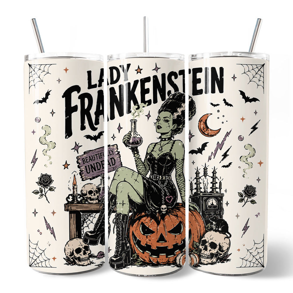 Beautifully Undead Lady Frankenstein 20oz Personalized Tumbler With Lid and Stainless Steel Straw, Vintage Halloween Monster Girl Gift Cup