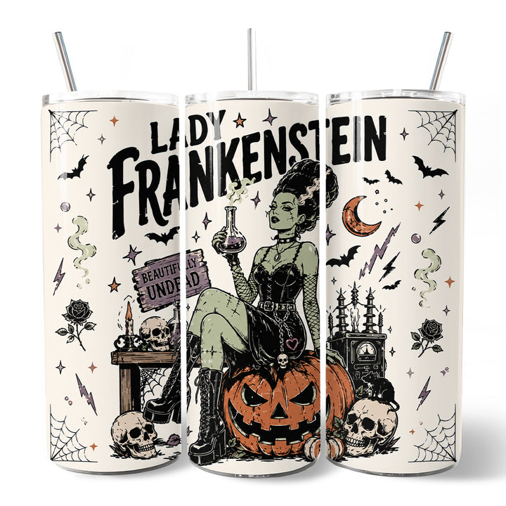 Beautifully Undead Lady Frankenstein 20oz Personalized Tumbler With Lid and Stainless Steel Straw, Vintage Halloween Monster Girl Gift Cup
