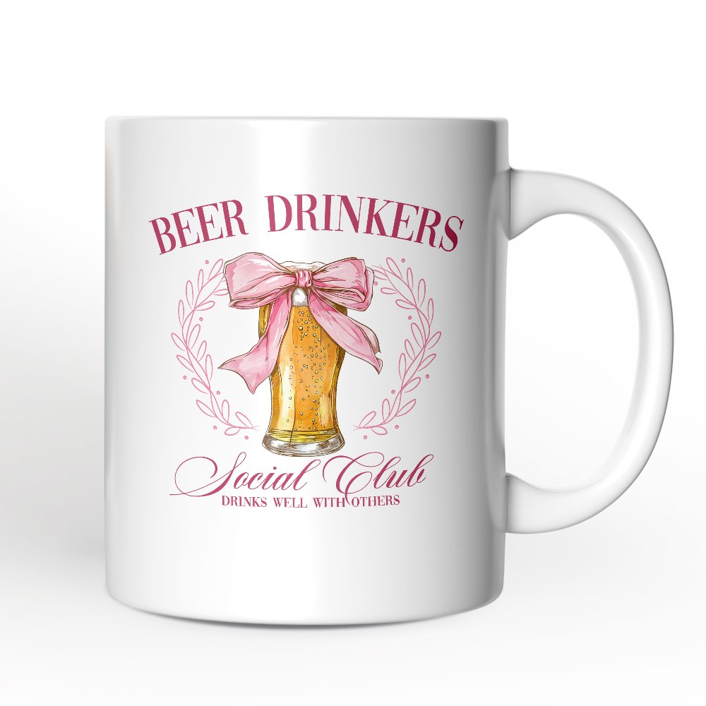 Beer Drinkers Social Club Personalized Mug, Coquette Pink Bow Gift with Custom Name for Girly Summer Bachelorette Vibes Personalized Ceramic Mug OrnamentallyYou White Non-Custom 