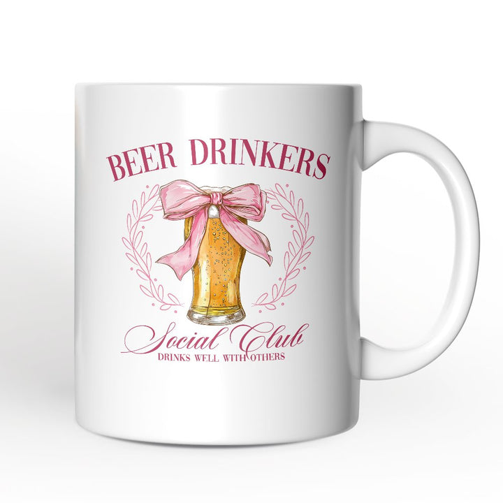 Beer Drinkers Social Club Personalized Mug, Coquette Pink Bow Gift with Custom Name for Girly Summer Bachelorette Vibes Personalized Ceramic Mug OrnamentallyYou White Non-Custom 