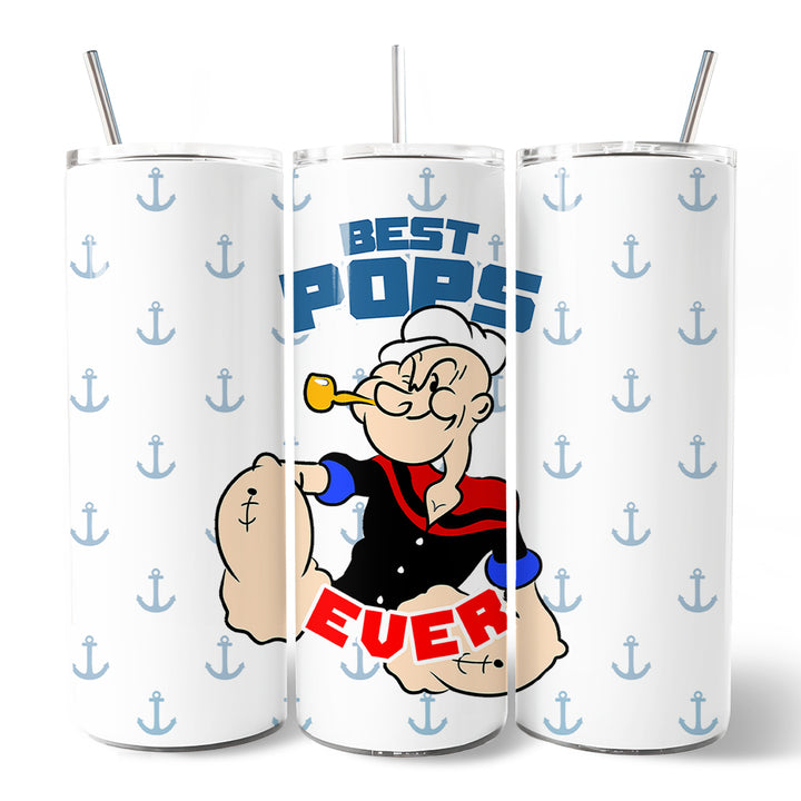 Best Pops Ever 20oz Personalized Tumbler With Lid and Stainless Steel Straw, Classic Popeye the Sailorman Dad Gift Cup