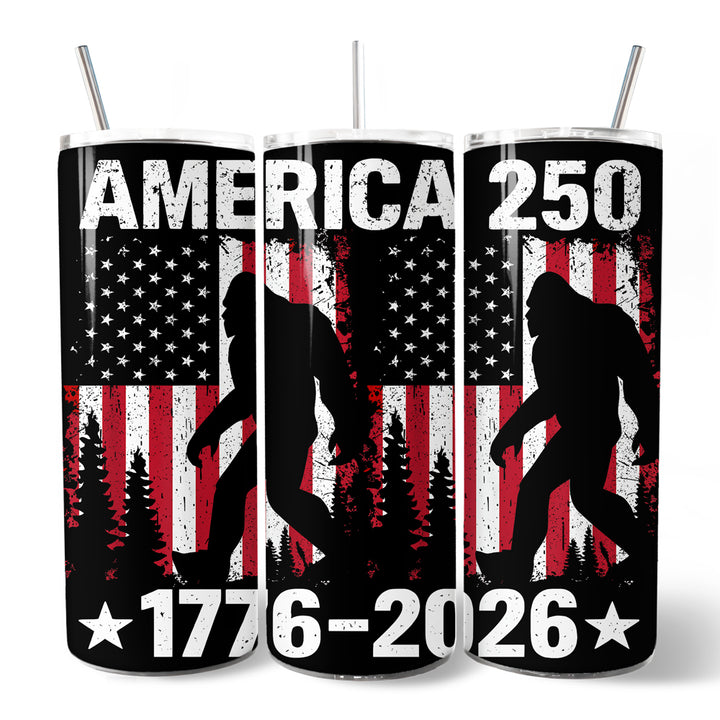 Bigfoot American Flag 20oz Personalized Tumbler With Lid and Stainless Steel Straw, Patriotic Sasquatch Gift Cup