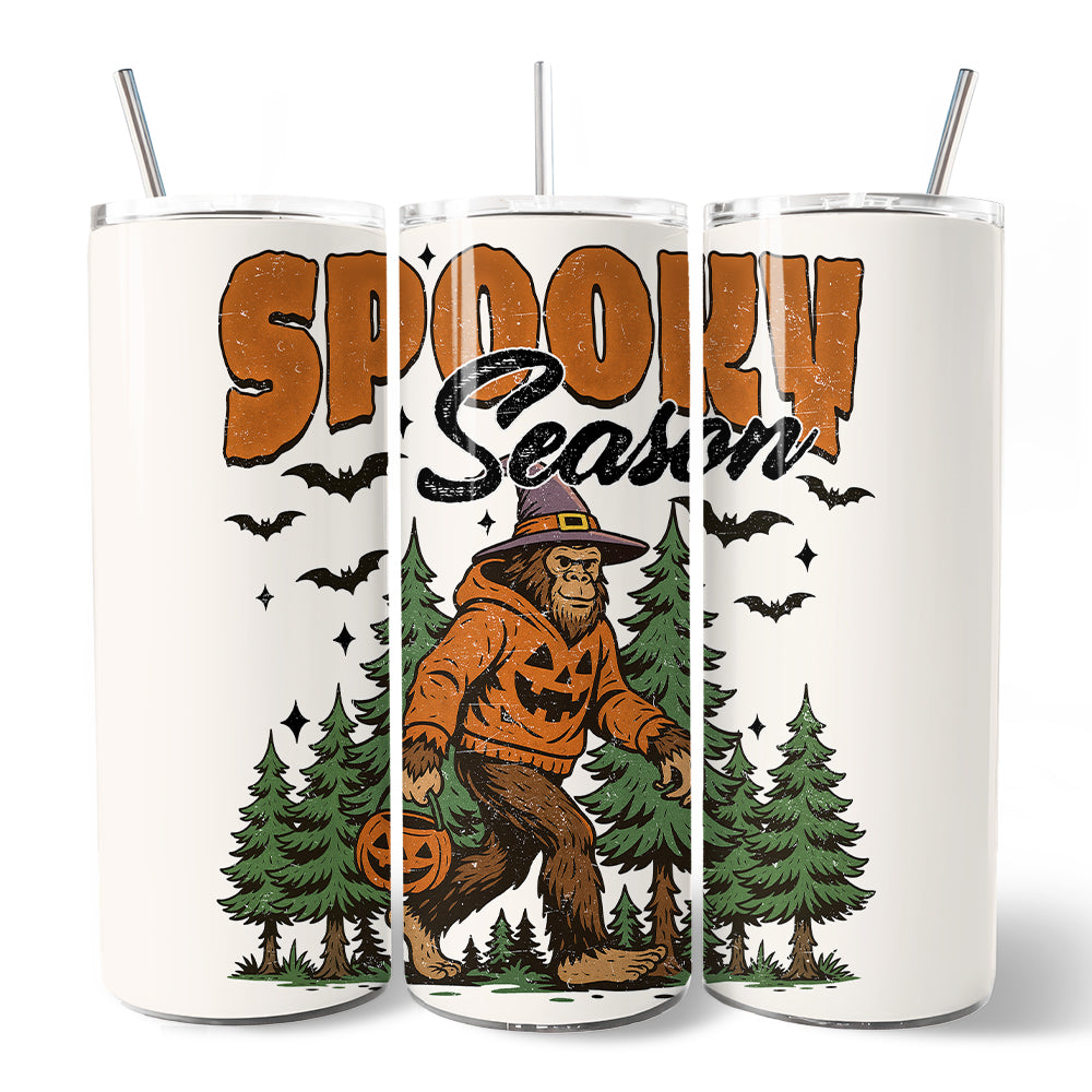 Bigfoot Spooky Season 20oz Personalized Tumbler With Lid and Stainless Steel Straw, Retro Halloween Forest Gift Cup