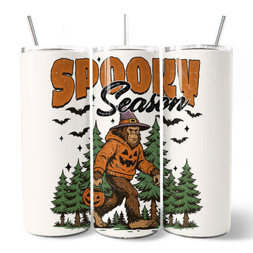 Bigfoot Spooky Season 20oz Personalized Tumbler With Lid and Stainless Steel Straw, Retro Halloween Forest Gift Cup