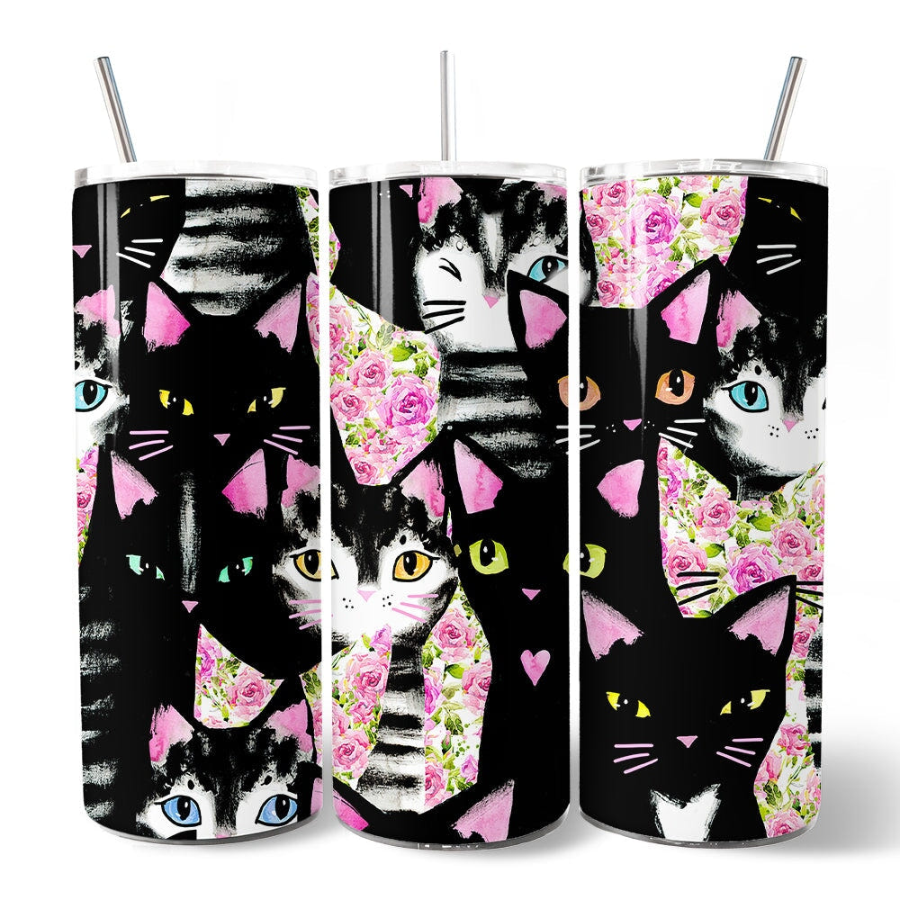 Black Cats Pink Rose Pattern 20oz Personalized Tumbler With Lid and Stainless Steel Straw, Cute Floral Kitty Gift Cup Tumbler OrnamentallyYou 