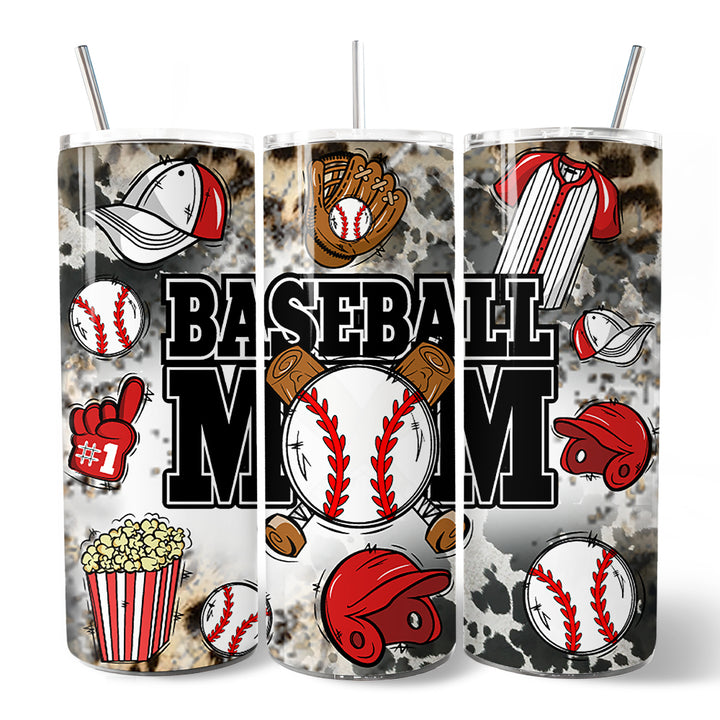 Black and Red Baseball Mom Pattern 20oz Personalized Tumbler With Lid and Stainless Steel Straw, Proud Sports Mothers Gift Cup