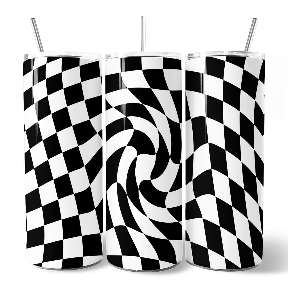 Black and White Checkerboard Swirl 20oz Personalized Tumbler With Lid and Stainless Steel Straw, Retro Optical Illusion Gift Cup Tumbler OrnamentallyYou 