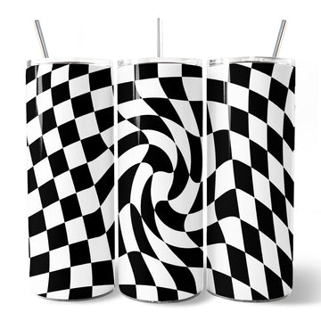 Black and White Checkerboard Swirl 20oz Personalized Tumbler With Lid and Stainless Steel Straw, Retro Optical Illusion Gift Cup Tumbler OrnamentallyYou 
