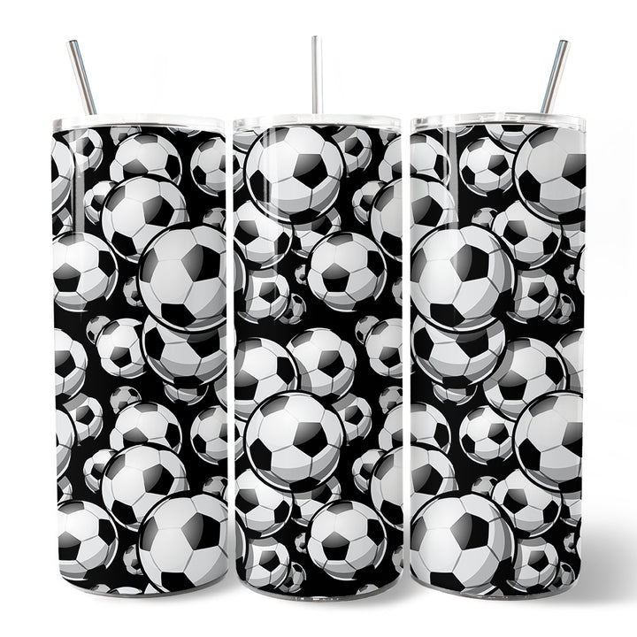 Black and White Soccer Ball 20oz Personalized Tumbler With Lid and Stainless Steel Straw, Football Sports Print Gift Cup