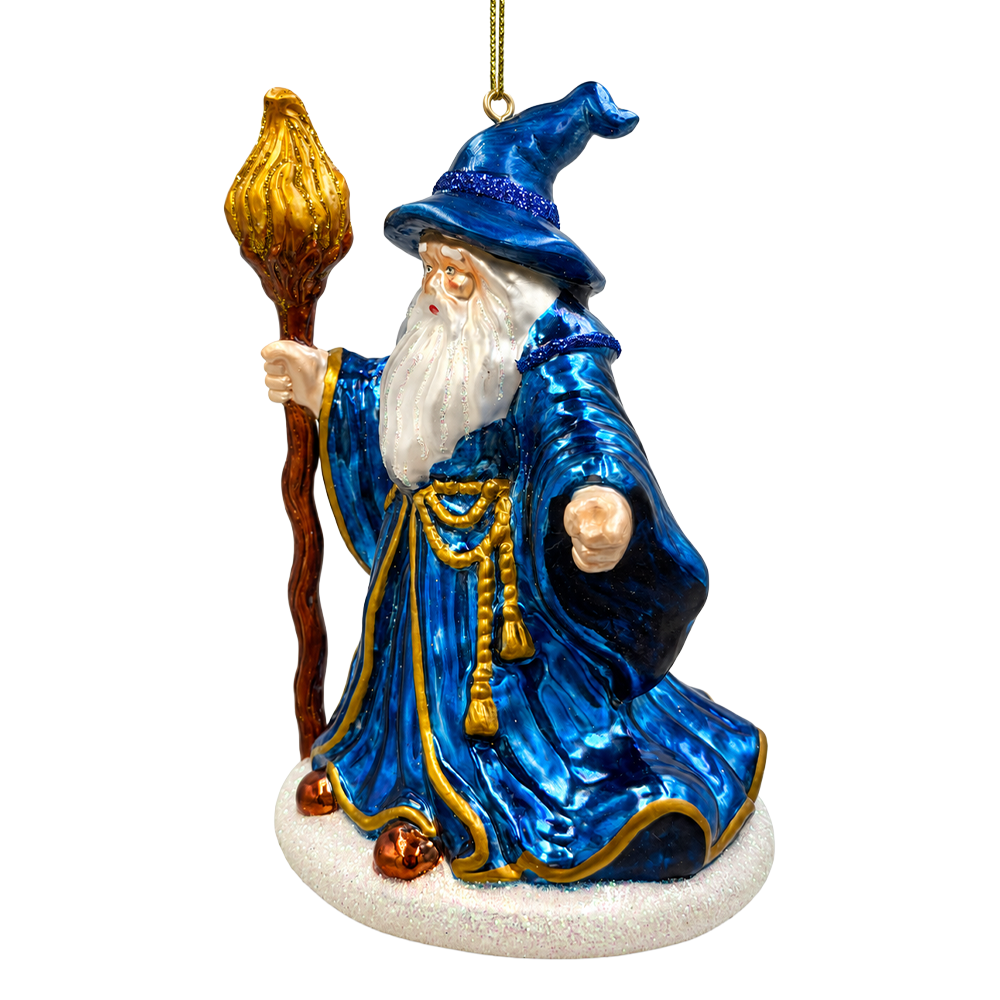 (PRE-ORDER) Blue Wizard with Flaming Staff Glass Christmas Ornament, Fantasy Sorcerer Magic Tree Decor
