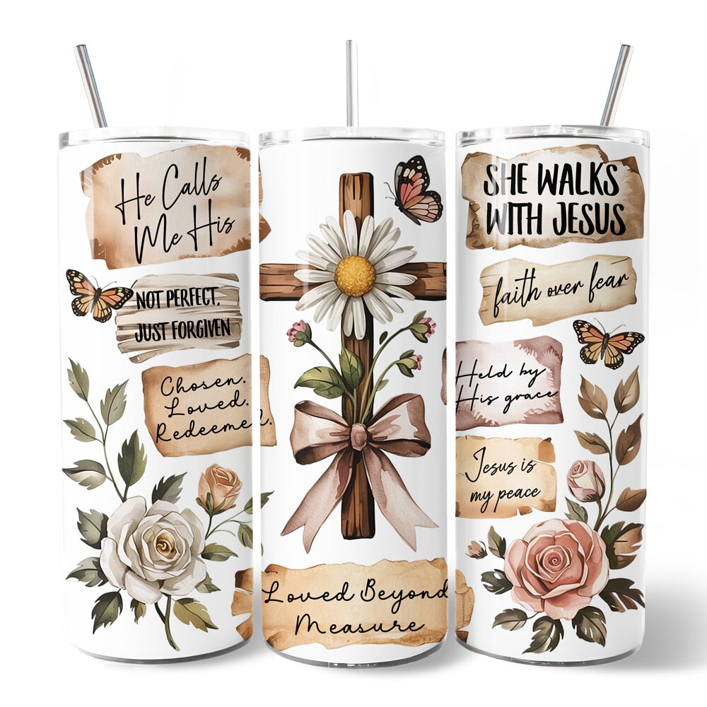Boho Christian Cross 20oz Personalized Tumbler With Lid and Stainless Steel Straw, Vintage Floral Quotes Gift Cup Tumbler OrnamentallyYou 