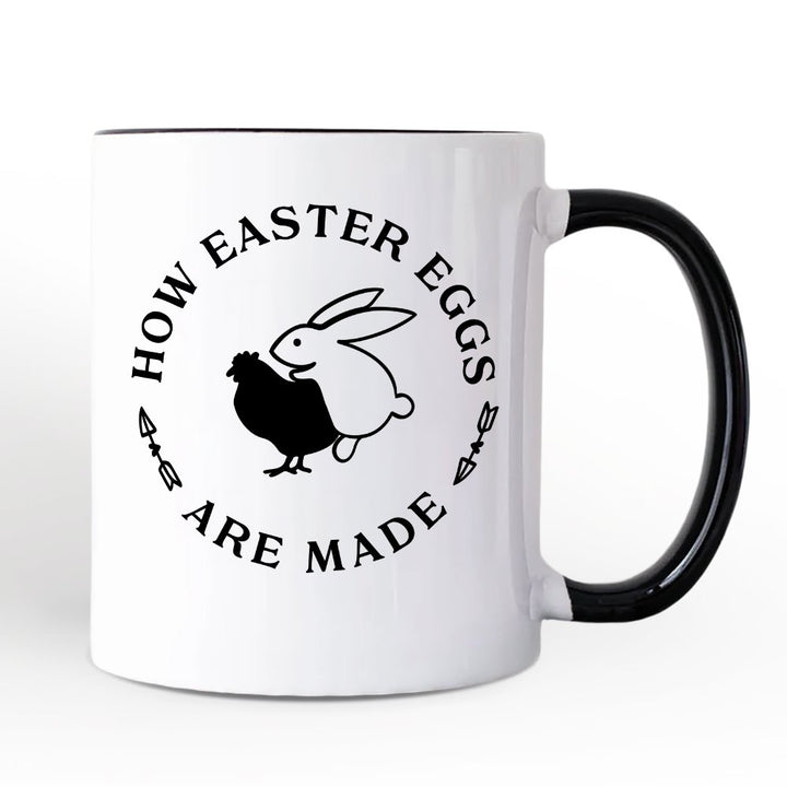 Bold Funny Easter Bunny Sarcastic Personalized Mug, How Easter Eggs Are Made Gift with Custom Name Personalized Ceramic Mug OrnamentallyYou Black Handle Non-Custom 