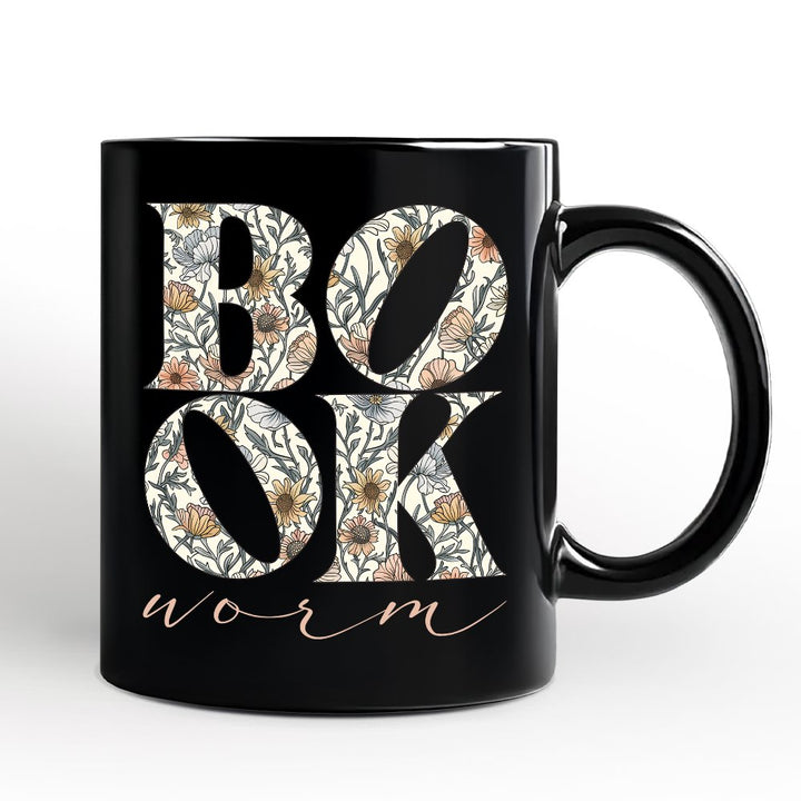 Bookworm Floral Personalized Mug, Boho Wildflower Book Lover Gift with Custom Name Personalized Ceramic Mug OrnamentallyYou Black Non-Custom 