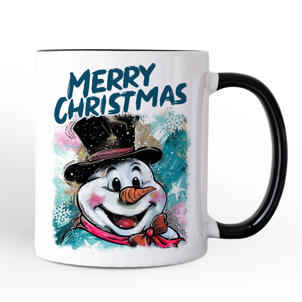Brushstroke Cute Snowman Personalized Mug, Preppy Merry Christmas Glitter Holiday Gift with Custom Name