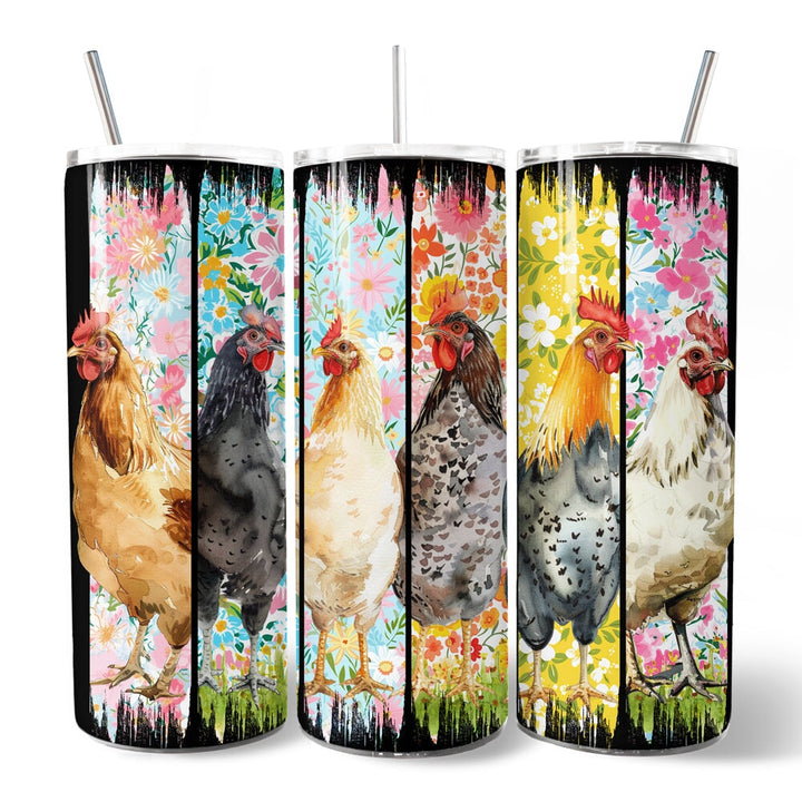 Brushstrokes Chicken Farm 20oz Personalized Tumbler With Lid and Stainless Steel Straw, Colorful Floral Farmlife Gift Cup Tumbler OrnamentallyYou 