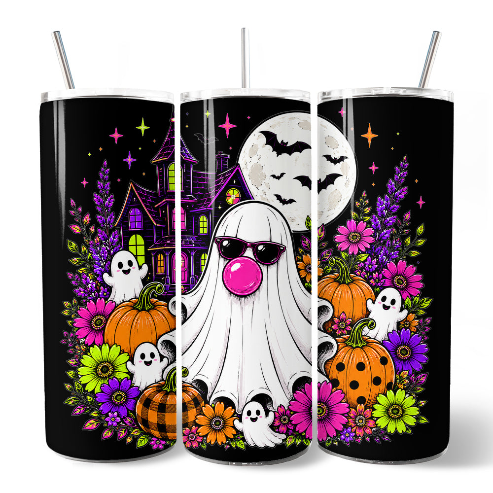 Bubblegum Ghost Haunted House 20oz Personalized Tumbler With Lid and Stainless Steel Straw, Colorful Floral Halloween Pumpkin Gift Cup