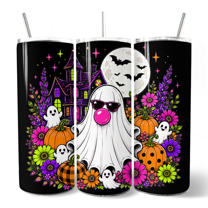 Bubblegum Ghost Haunted House 20oz Personalized Tumbler With Lid and Stainless Steel Straw, Colorful Floral Halloween Pumpkin Gift Cup