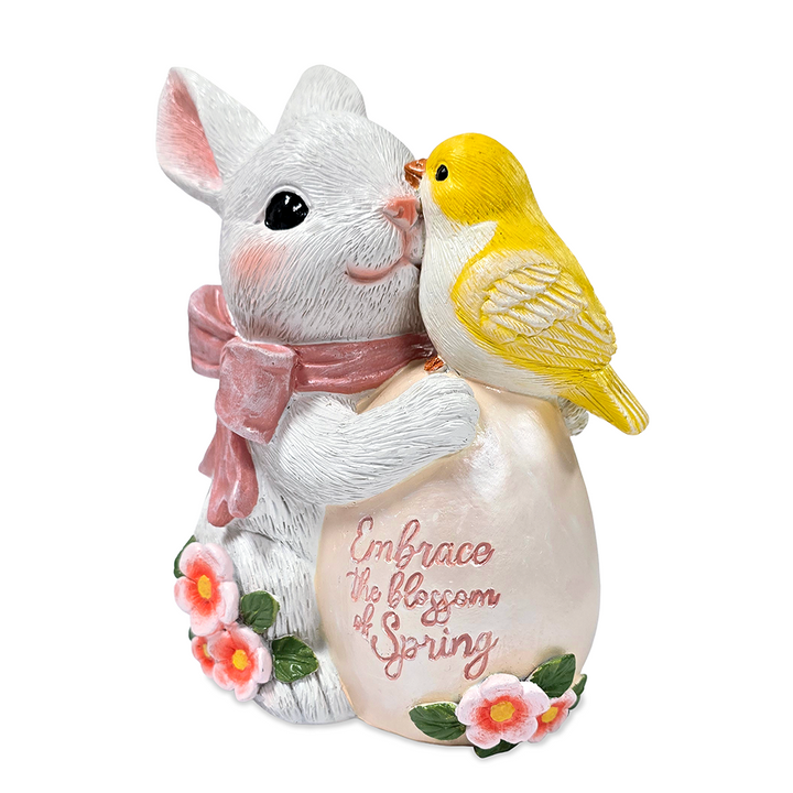 Bunny and Yellow Bird Easter Garden Statue, 7" Spring Rabbit Figurine Outdoor Decor