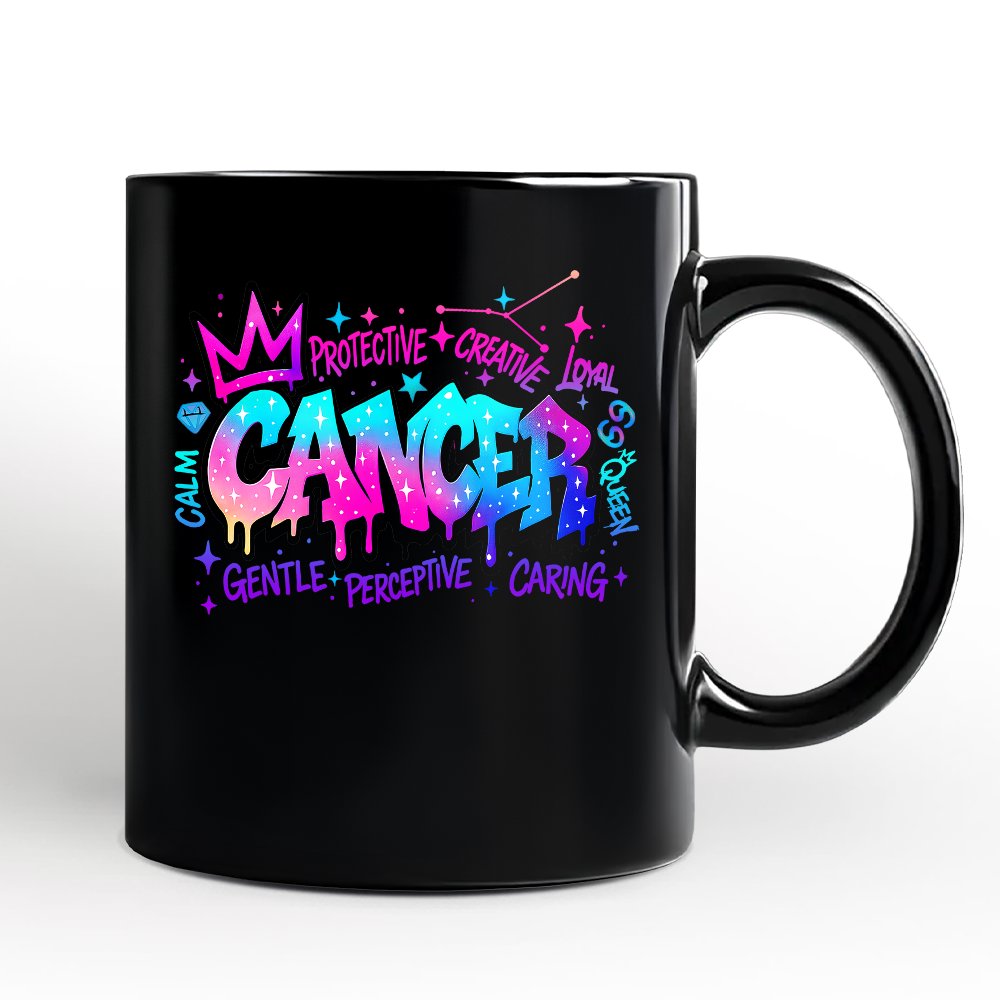 Cancer Graffiti Zodiac Personalized Mug, Street Style Astrology Horoscope Gift with Custom Name Personalized Ceramic Mug OrnamentallyYou Black Non-Custom 