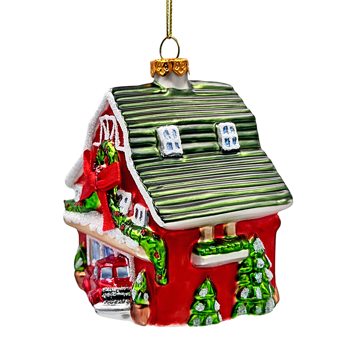 (Pre-Order) Charming Farmhouse Cabin Glass Christmas Ornament, Winter Rural Home Holiday Tree Decor