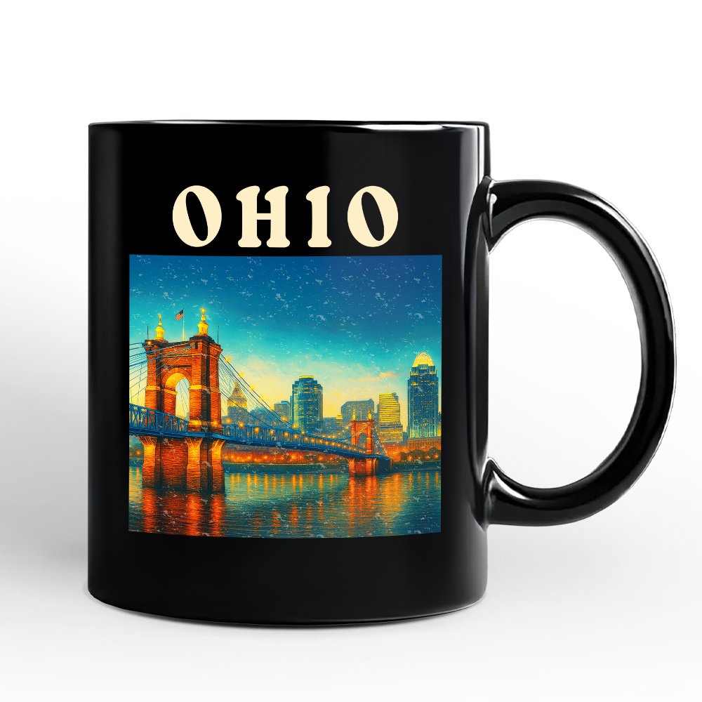 Charming Ohio State Cityscape and Landmark Personalized Mug, Cincinnati Night Bridge Gift and Midwest Skyline Souvenir with Custom Name Personalized Ceramic Mug OrnamentallyYou Black Non-Custom 