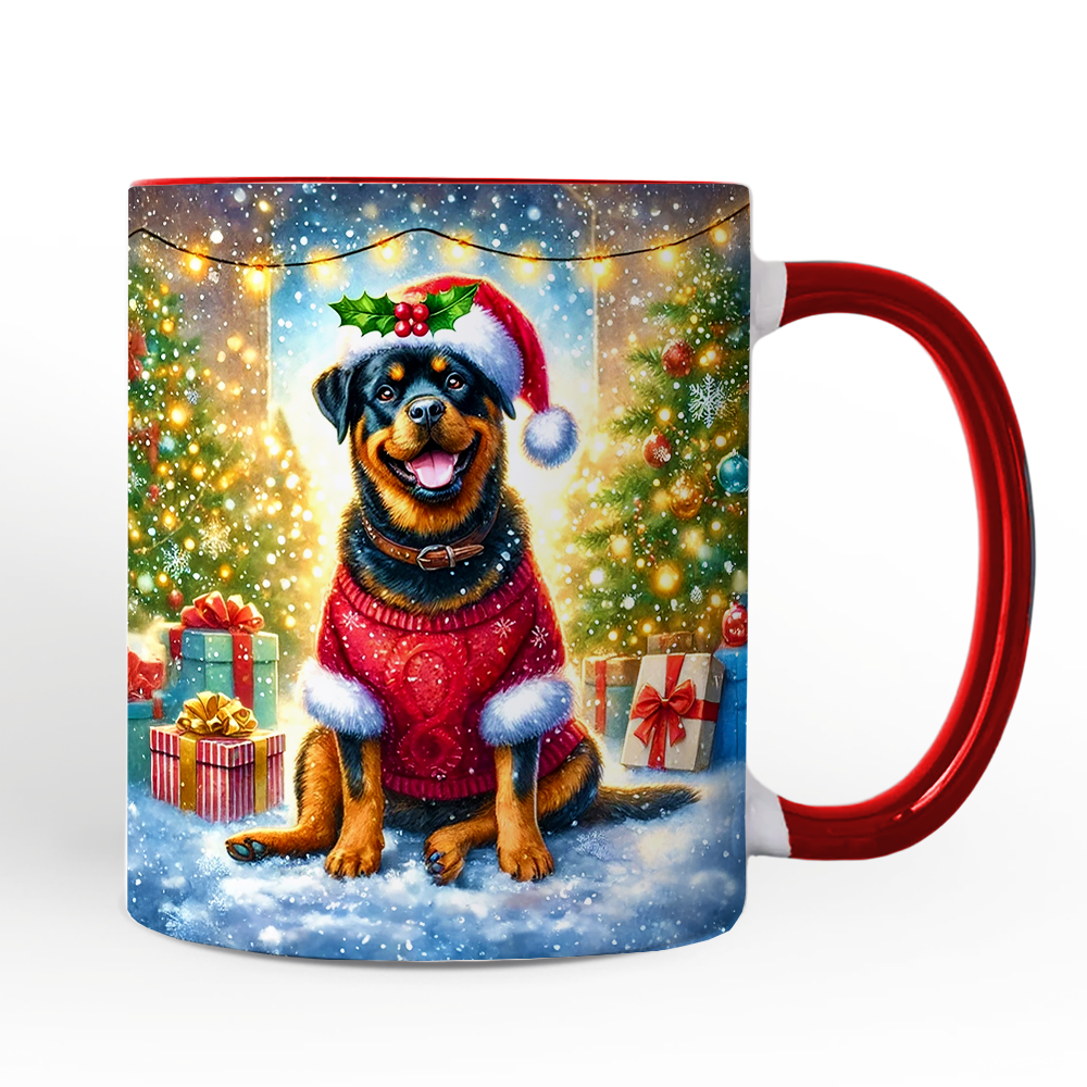 Charming Rottweiler in Festive Attire Personalized Mug, Heartwarming Dog-Themed Christmas Gift with Custom Name