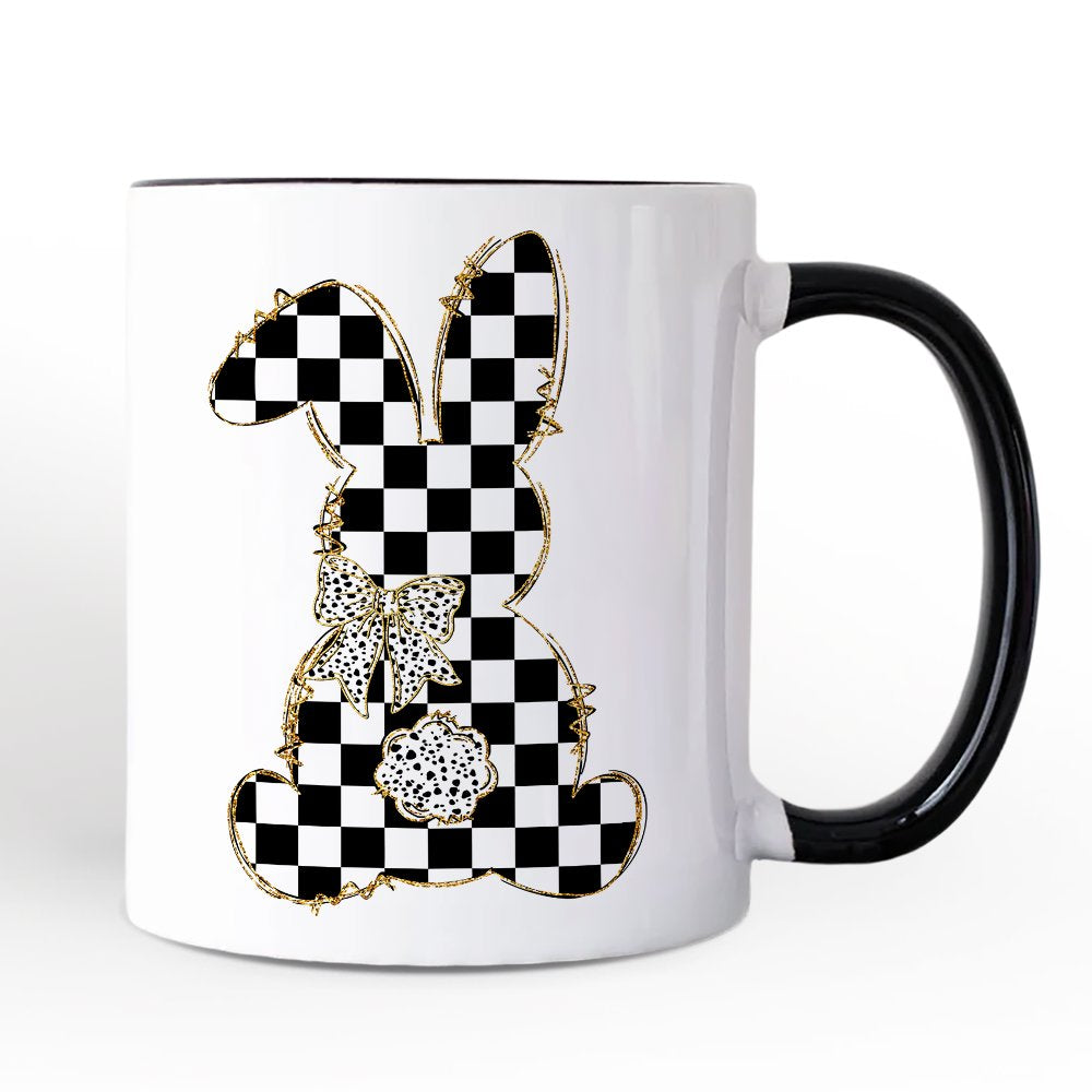 Checkered Easter Bunny Coquette Personalized Mug, Stylish Spring Gift with Custom Name Personalized Ceramic Mug OrnamentallyYou Black Handle Non-Custom 