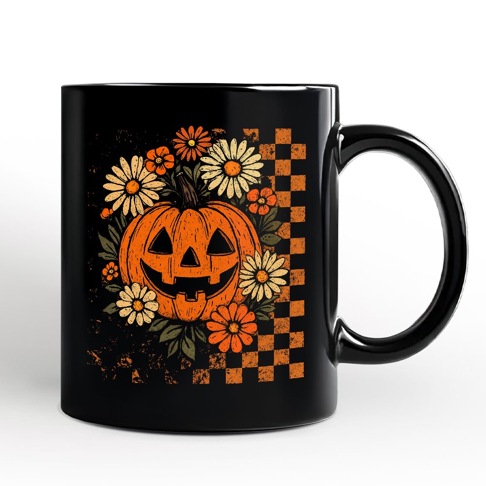 Checkered Floral Pumpkin Personalized Mug, Retro Preppy Halloween Gift with Custom Name for Spooky Season Vibes Personalized Ceramic Mug OrnamentallyYou Black Non-Custom 