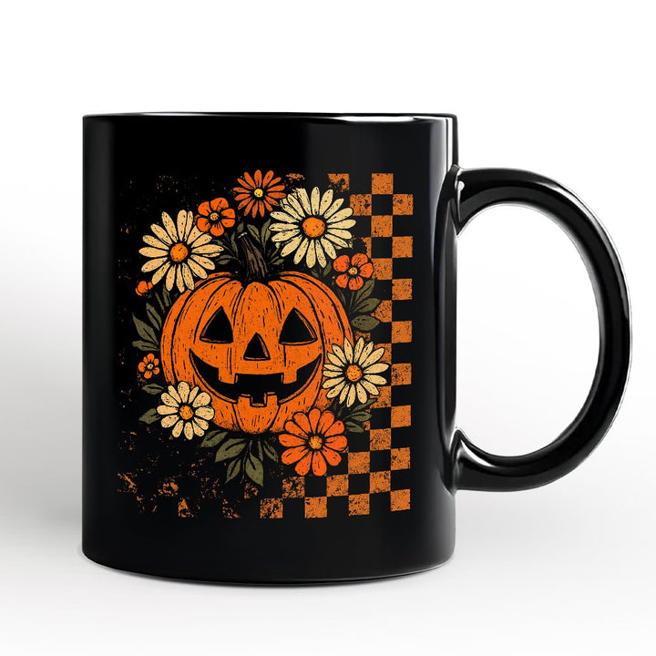 Checkered Floral Pumpkin Personalized Mug, Retro Preppy Halloween Gift with Custom Name for Spooky Season Vibes Personalized Ceramic Mug OrnamentallyYou Black Non-Custom 