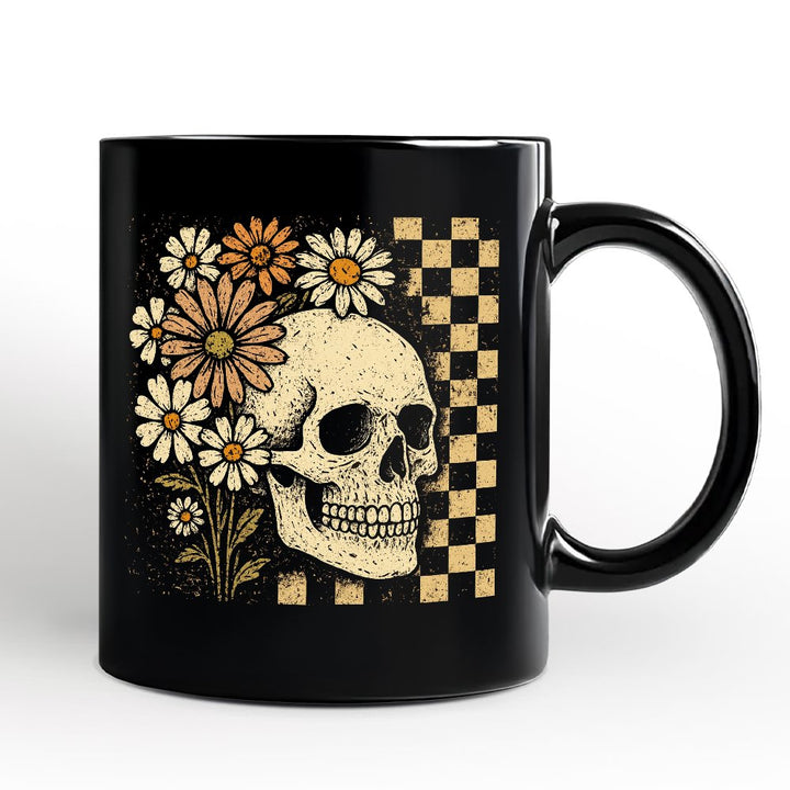 Checkered Floral Skeleton Personalized Mug, Vintage Skull Daisy Halloween Gift with Custom Name Personalized Ceramic Mug OrnamentallyYou Black Non-Custom 