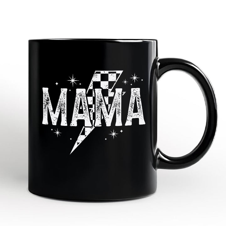 Checkered Lightning Bolt Mama Personalized Mug, Vintage Retro Black and White Gift with Custom Name for Energetic Moms Personalized Ceramic Mug OrnamentallyYou Black Non-Custom 