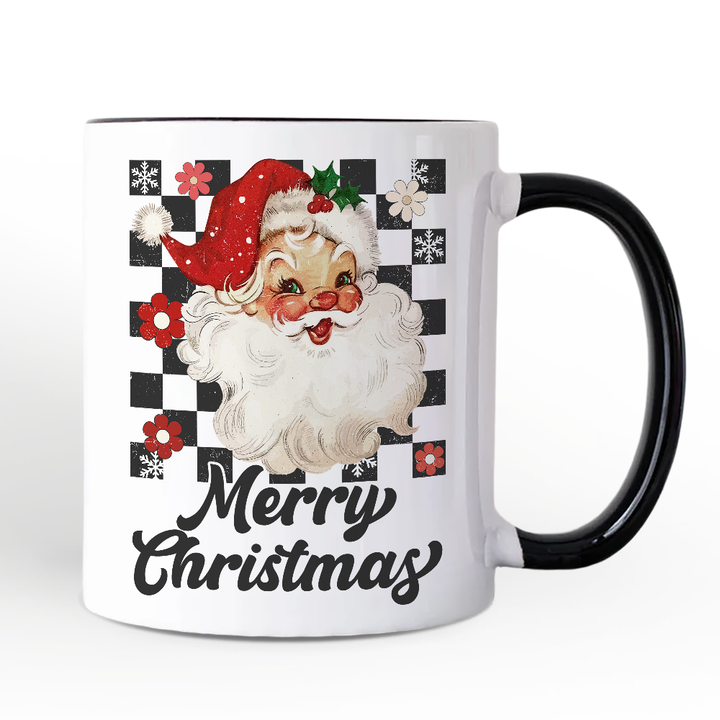 Checkered Santa Claus Vintage Personalized Mug, Retro Merry Christmas Gift with Custom Name