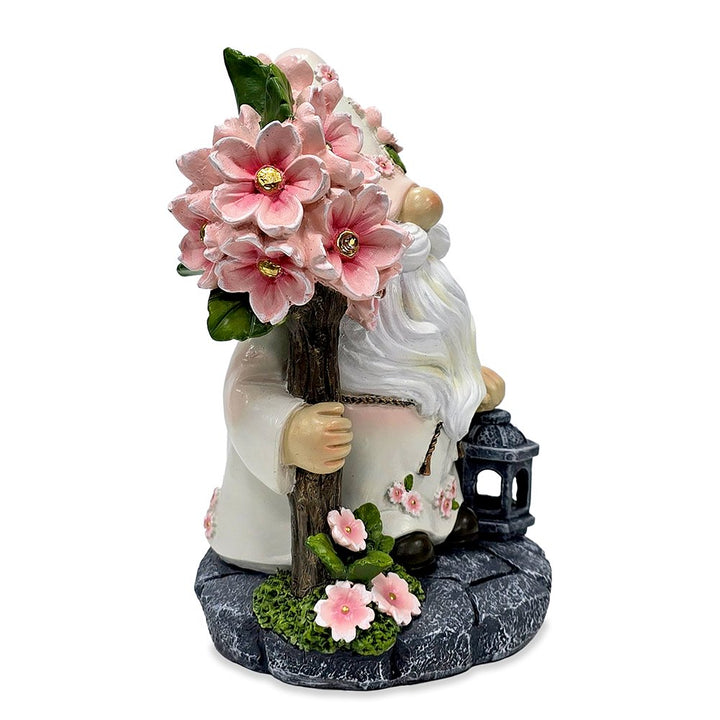 Cherry Blossom Gnome Solar Garden Statue, 8" Figurine and Floral Outdoor Decor Resin Statues OrnamentallyYou 
