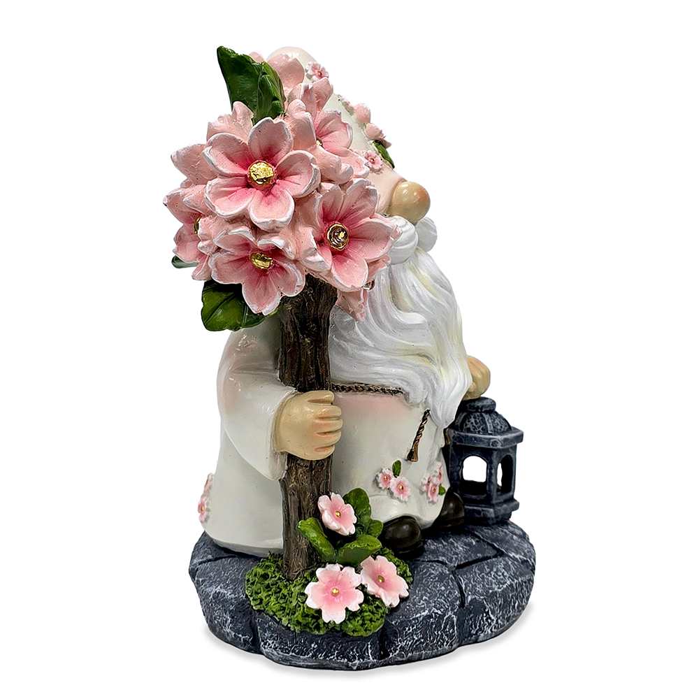 Cherry Blossom Gnome Solar Garden Statue, 8" Figurine and Floral Outdoor Decor