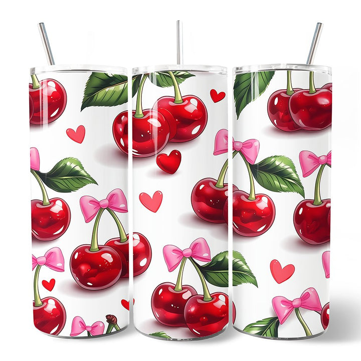Cherry Bow Pattern 20oz Personalized Tumbler With Lid and Stainless Steel Straw, Valentine Travel Mug Gift Tumbler OrnamentallyYou Non-Customized 