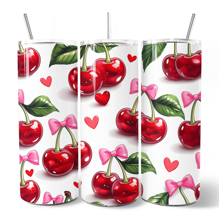 Cherry Bow Pattern 20oz Personalized Tumbler With Lid and Stainless Steel Straw, Valentine Travel Mug Gift