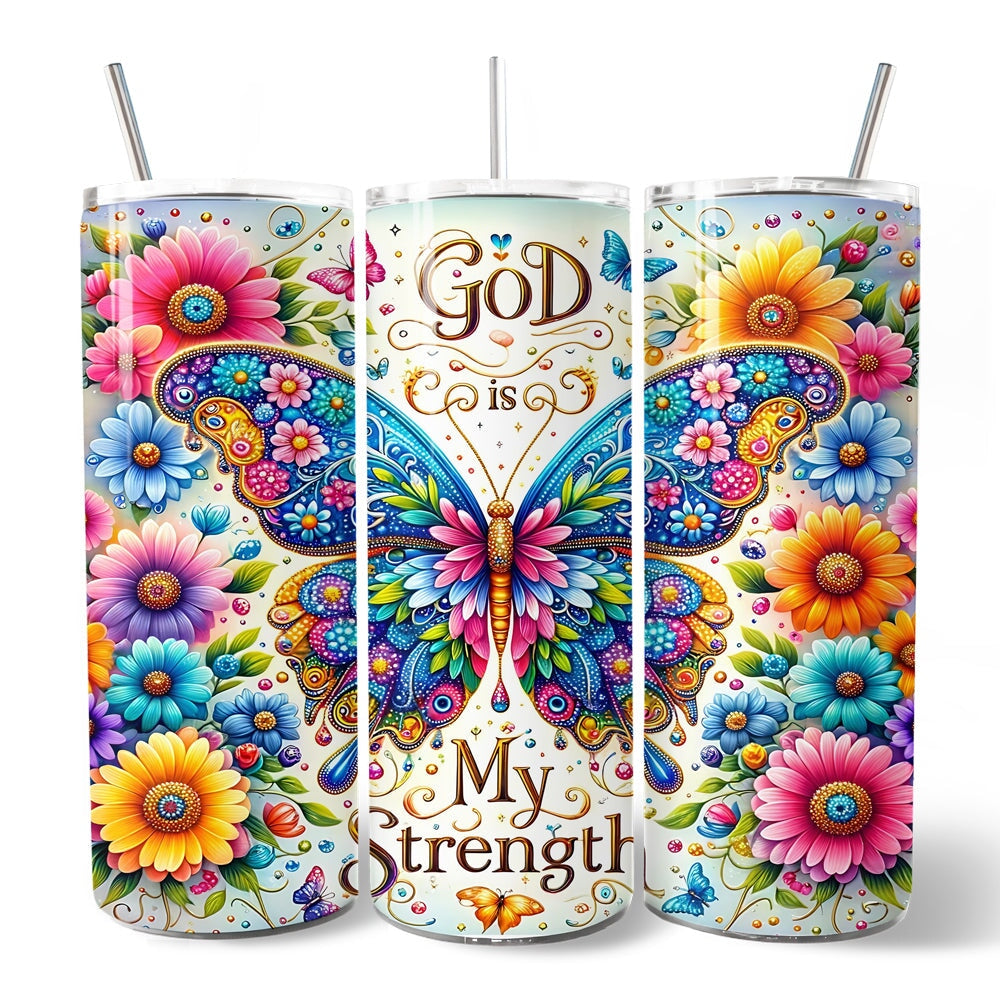 Christian Butterfly Floral 20oz Personalized Tumbler With Lid and Stainless Steel Straw, God Is My Strength Gift Cup Tumbler OrnamentallyYou 